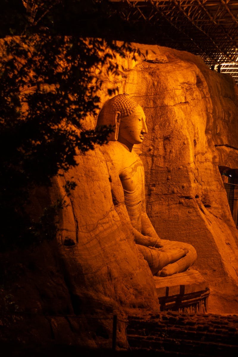 Serene image of a Buddha statue carved in rock, Polonnaruwa, at night, under warm lighting.
